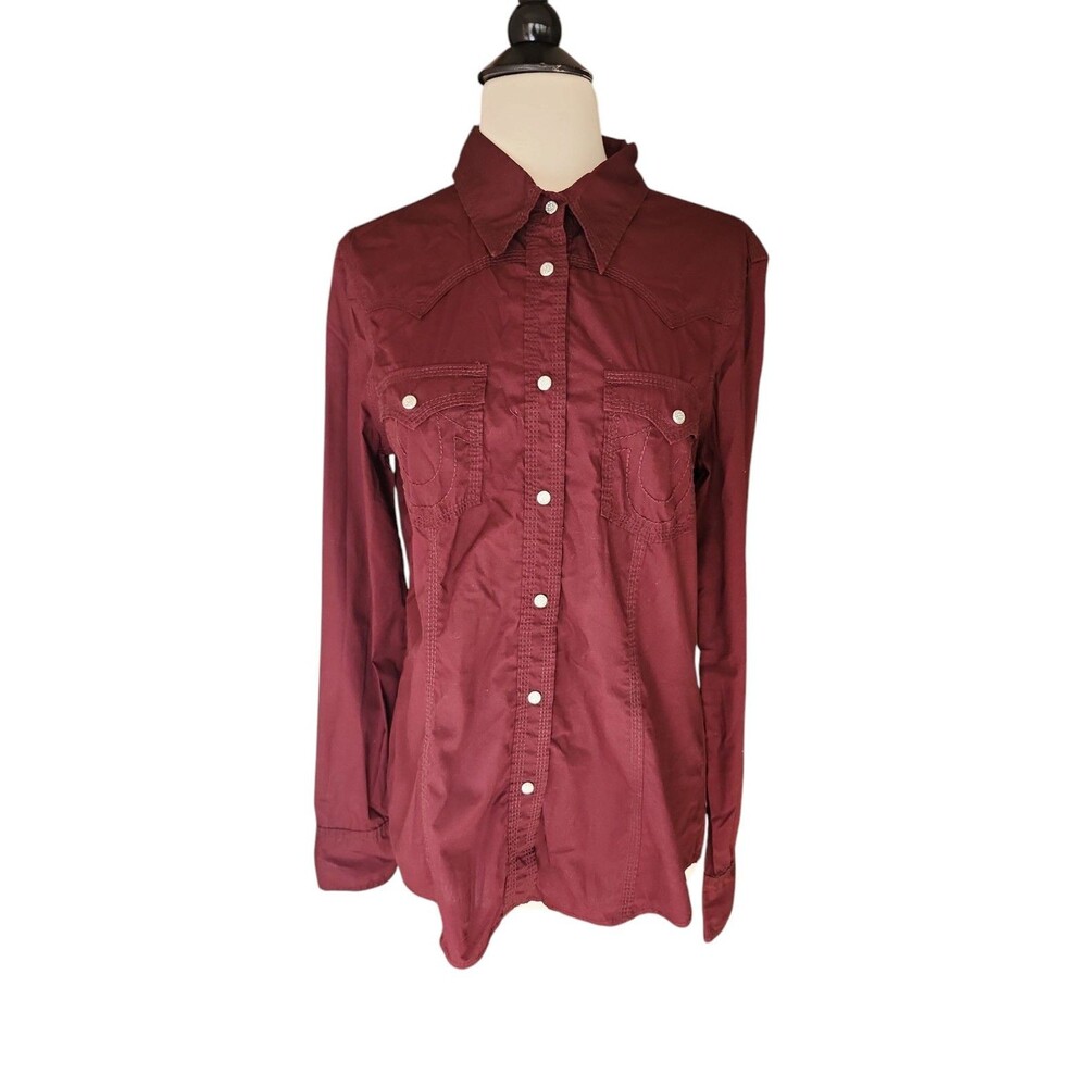 True Religion Western Rodeo Shirt Women's Large Y2K Burgundy Rhinestone Snap